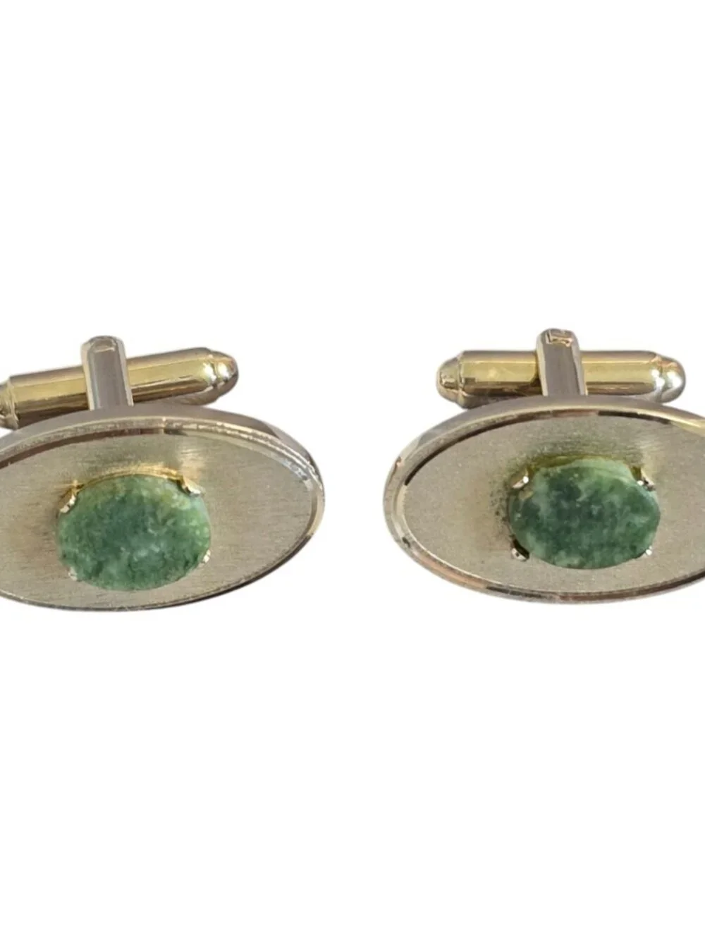 Vintage Dante Gold Tone Oval Cufflinks Green Stone 4-Prong Setting
